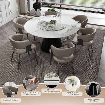 Ball & Cast 7-Piece Dining Set,Faux Marble Table with Detachable Rotating Tray & 6 PU Leather Chairs,Modern Kitchen Dining Room Table Set w/Stainless Steel Base,for Restaurant & Home,Grey