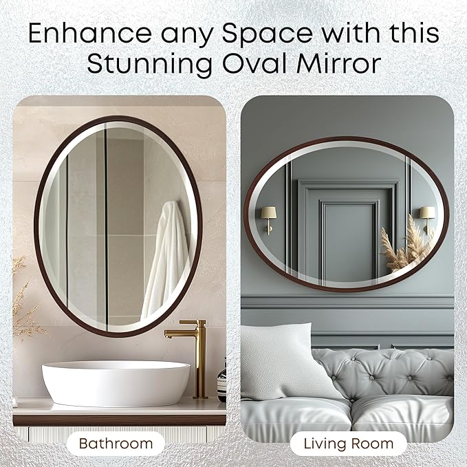 OVALCREST - Oval Wooden Beveled Wall Mirror for Home Decor, Bathroom, Vanity, Bedroom, Living Room, Hallway - London Style (Black Walnut) 21.1 x 31.1