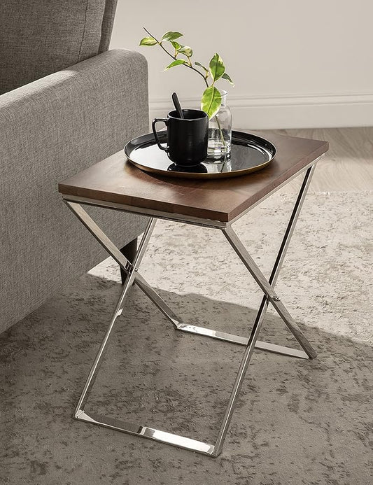 Kate and Laurel Laraway Modern Side Table, 21 x 15 x 21, Walnut Brown and Silver, Metal End Table with Solid Wood Tabletop and Foldable Frame