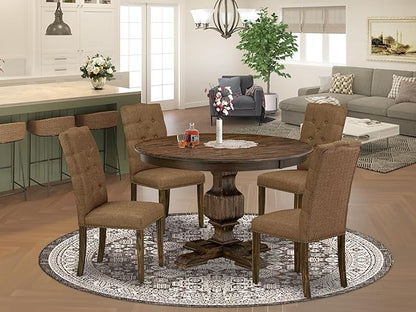East West Furniture F3EL5-718 5 Piece Modern Dining Table Set Includes a Round Wooden Table with Pedestal and 4 Brown Linen Linen Fabric Parsons Dining Chairs, 48x48 Inch, Distressed Jacobean