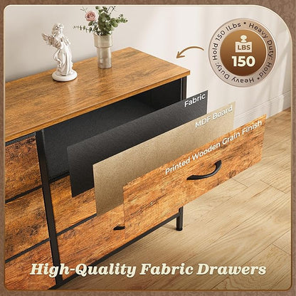Huuger 70 Inch Dresser for Bedroom, TV Stand for 65, 75, 80 Inch TV, 13 Fabric Drawer Long Dresser, Large Entertainment Center for Bedroom, Wide Chest of Drawer with Storage, Retro Brown