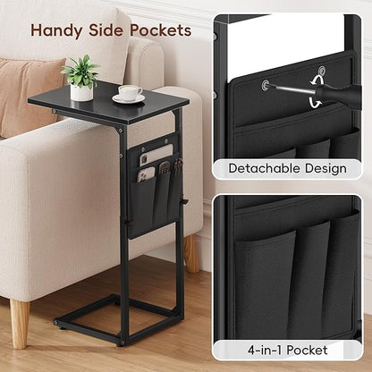 VAGUSICC C Shaped End Table, 33"Tall Side Table for Couch, Adjustable Height Sofa Table Small Couch Side Tables, Laptop Recliner Tables Slide Under Sofa TV Tray Arm Table for Living Room Bedroom,Black
