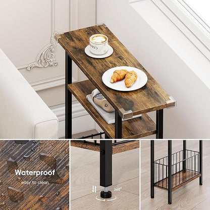 Vagusicc Narrow Side Table, 3-Tier Skinny End Table for Couch Sofa, Small Side Tables for Small Spaces, Bed Side Table with Storage, 25.2" Tall Slim Nightstand for Living Room, Bedroom, Rustic Brown