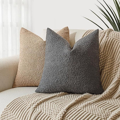 Foindtower Pack of 2 Textured Boucle Throw Pillow Covers Accent Solid Decorative Pillow Cases Cozy Woven Couch Cushion Case for Sofa Bedroom Living Room Home Decor, 20 x 20 Inch,Dark Grey