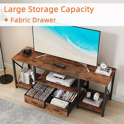 TV Stand with Fabric Drawer - Entertainment Center and Industrial TV Console Table with Open Storage Shelves for Living Room, Bedroom - 55.1" Rustic Brown