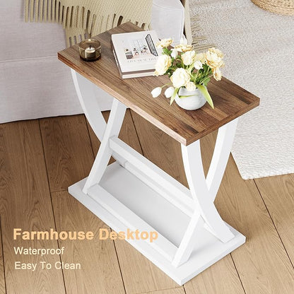 ChooChoo Farmhouse End Tables Living Room Set of 2, Narrow Side Table with Storage Shelf, Modern X-Design Slim End Table for Living Room, 11.8" D*23.6" W*23.4" D