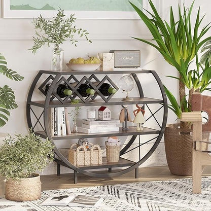 Demilune Console Table Industrial Entryway Table with 4-Tier Open Storage Shelf Wood and Metal Christmas Sofa Table with Wine Rack for Living Room Hallway Display Vintage Rustic Brown