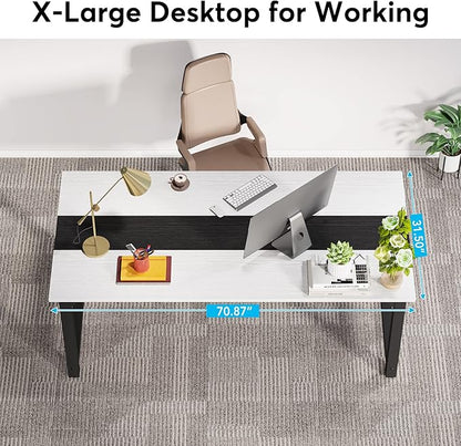 LITTLE TREE 70.8 Inch X-Large Executive Computer Office Desk, White+Black