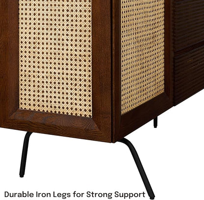 NTC MOSSIC Sideboard with 2 Doors and 3 Drawers, Buffet Cabinet with Natural Rattan and Metal Legs, Modern Storage Cabinet for Living Room, and Hallway, Effortless Assembly - Dark Walnut
