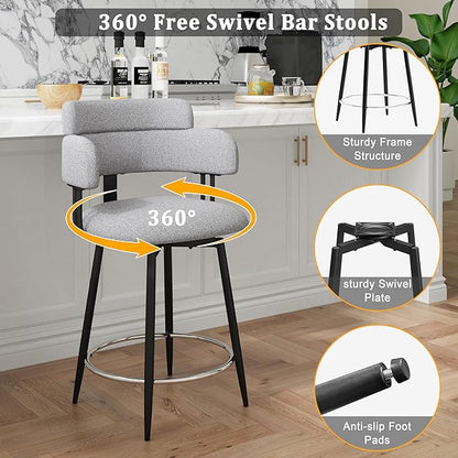 Swivel Bar Stools Set of 2, Counter Height Bar Stools with Ergonomic Full Back, Upholstered Linen Fabric Barstools with Chrome Metal Footrest for Kitchen Island, Dining Room