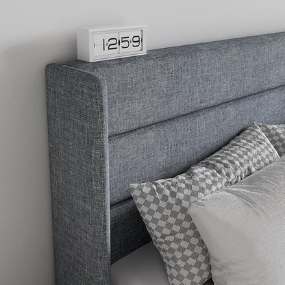SHA CERLIN King Size Lift Up Storage Bed/Modern Wingback Headboard/Upholstered Platform Bed Frame/Hydraulic Storage/No Box Spring Needed/Wood Slats Support/Grey Blue