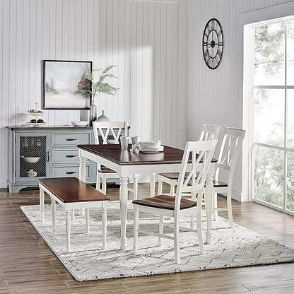 Crosley Furniture Shelby 6-Piece Traditional Dining Table Set for 7 with 4 Chairs and a Wood Bench, Distressed White