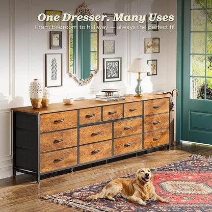 Huuger 70 Inch Dresser for Bedroom, TV Stand for 65, 75, 80 Inch TV, 13 Fabric Drawer Long Dresser, Large Entertainment Center for Bedroom, Wide Chest of Drawer with Storage, Retro Brown