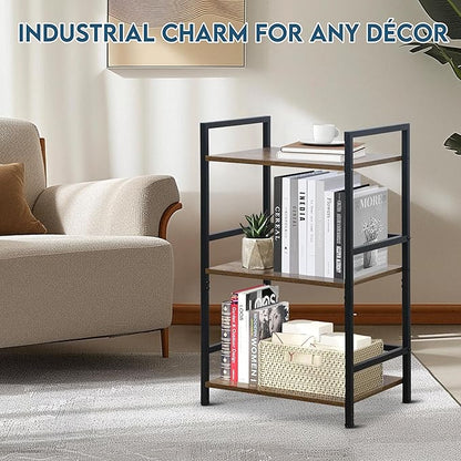 LOFTEY Book Shelf Small Bookshelf, 3 Tier Industrial Short Bookshelf, Metal Open Shelf Bookcase for Living Room, Bedroom, and Office, Rustic Brown
