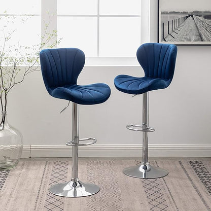 Roundhill Furniture Ellston Velvet Adjustable Swivel Barstools in Blue, Set of 2