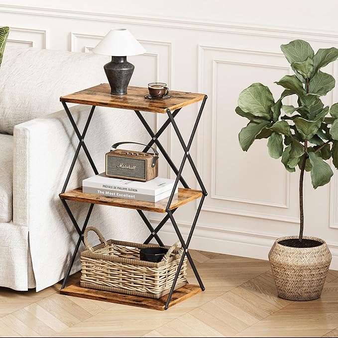 3-Tier End Table Small Side Table Tall Bedside Night Stand with Storage Sofa Side desks for Living Room Bedroom Office Bathroom Small Space Rustic Brown ET-03RB