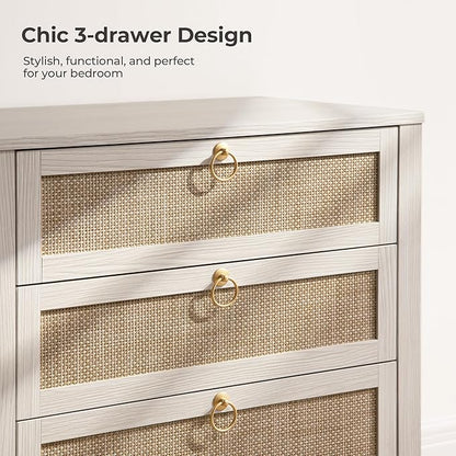 SICOTAS White Nightstand Set 2 with Drawers - Large Rattan Bedside Table with Golden Handle, 3 Drawers Night Stand Tall End Table 26.78" Wide Side Table Boho Nightstand for Bedroom