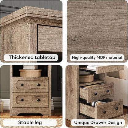 LIKIMIO Night Stand, Modern Bedside Table with 2 Drawers, Open Shelf, End Table with Pull-Out Tray, Wood SideTable, Grey Oak