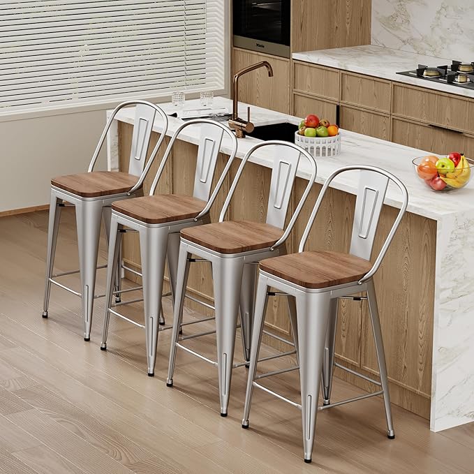 Changjie Furniture 26 Inches Metal Barstools Set of 4 Counter Height Bar Stools Industrial Stools with Backs High Back Chairs for Kitchen Island (26 Inch,Silver)