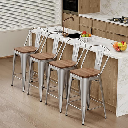 Changjie Furniture 26 Inches Metal Barstools Set of 4 Counter Height Bar Stools Industrial Stools with Backs High Back Chairs for Kitchen Island (26 Inch,Silver)