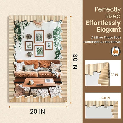 Boho Wall Mirror with Wood Frame, 30"x20" Faux Rattan Decorative Vanity Mirror for Bathroom, Living Room, Bedroom, Entryway(Rectangle)