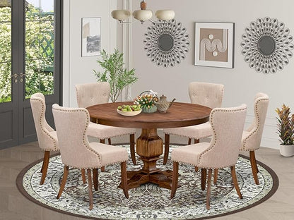 F3SI7-50N-04 7-Pc Kitchen Table Set consists of a Pedestal Table and 6 Light Tan Polyester Padded Chairs with Button Tufted- Antique Walnut