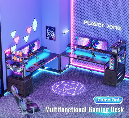 PRAISUN 68" Gaming Desk with LED Lights & Outlets, Computer Desk with 3 Fabric Drawers, PC Desk with PC Case Stand & Movable Storage Shelves, Monitor Stand, Reversible, Carbon Fiber Black