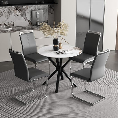 Round Faux Marble Dining Table Modern 32 Inch Kitchen Table with Black Metal Legs for Dining Room Kitchen