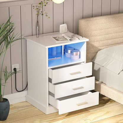 Nightstand with Charging Station, LED Lights Side Table with 3 Drawers, End Table for Bedroom Office White