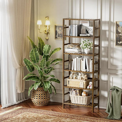 HITNET Bookcase, Bamboo Bookshelf, 6-Tier Adjustable Tall Open Book Shelf, Free Standing Storage Shelves Organizer, Flower Plant Display Stand, Walnut