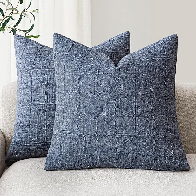 Foindtower Set of 2 Decorative Linen Check Throw Pillow Covers Neutral Farmhouse Vintage Cushion Covers Modern Coastal Boho Home Decor for Sofa Chair Couch Bedroom Living Room Outdoor,18×18 Inch,Blue