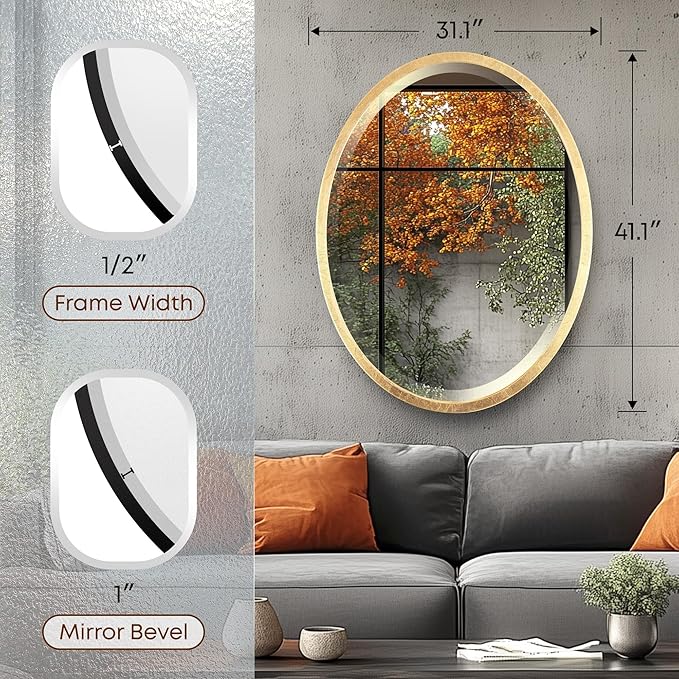 OVALCREST - Oval Wooden Beveled Wall Mirror for Home Decor, Bathroom, Vanity, Bedroom, Living Room, Hallway - London Style (Gold Leaf) 31.1 x 41.1