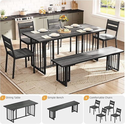 DWVO 63 Inch Dining Table Set for 6-8 People 6-Piece Large Kitchen Table Set with 2 Benches and 4 Chairs Farmhouse Rectangular Dining Room Table for Kitchen Dining Room Apartment Dark Grey