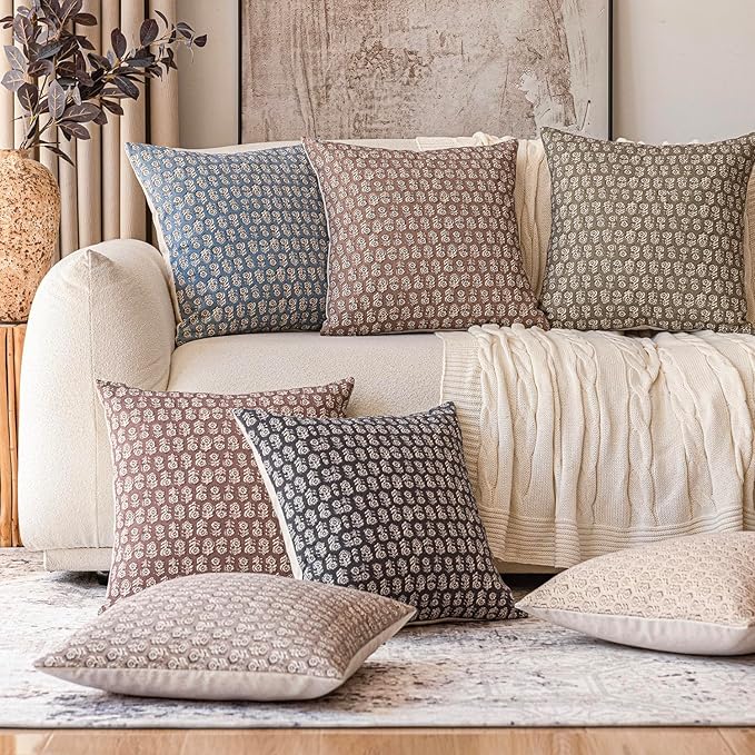 Foindtower Set of 2 Decorative Neutral Floral Print Throw Pillow Covers Vintage Accent Farmhouse Cushion Covers Boho Home Decor for Sofa Chair Couch Bedroom Living Room Outdoor,18×18 Inch,Brown