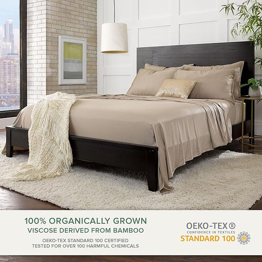 King Sheets by Pure Bamboo, Genuine 100% Organic Viscose Derived from Bamboo Bed Sheet Set, Luxuriously Soft & Cooling, Double Stitching, Lifetime Quality Promise (King, Sand)