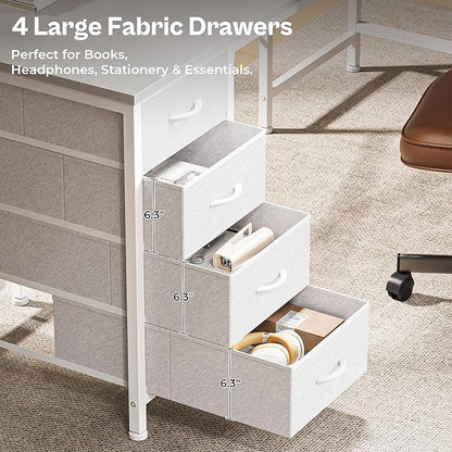 Huuger 55 Inch L Shaped Desk with Fabric Drawers, Reversible Computer Gaming Desk with Power Outlets and USB-C Port, Adjustable Side Storage Shelves, for Work Study Corner Home Office, White