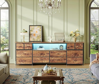 Huuger 70.9 Inch Dresser TV Stand with LED Lights, Power Outlets and USB-C Port, 12 Fabric Drawer Dresser for Bedroom, Wide Entertainment Center for 75, 80 Inch TV, Open Shelf, Rustic Brown