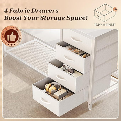 PRAISUN 61" L Shaped Desk with Power Outlets and USB-C Port, Reversible Computer Corner Office Desk with 4 Fabric Drawers and 2 Height-Adjustable Shelves, Large for Gaming Writing Work Study, White