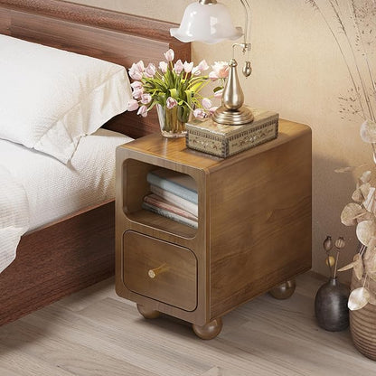 Solid Wood Nightstand, Narrow Night Stand with Drawers, Walnut Mid Century Modern Nightstand, Small Beside Table with Open Storage Shelf for Bedroom (12 inch)