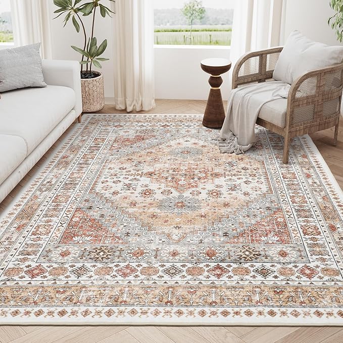 zesthome 4x6 Rug - Stain Resistant Washable Rug, Anti Slip Backing Rugs for Living Room, Foldable Vintage Small Area Rugs(Orange,4'x6')