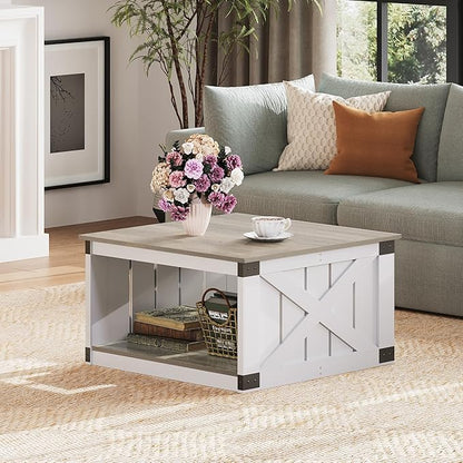 WLIVE Coffee Table, Farmhouse Coffee Table with Open Storage, 31.5" Wood Square Living Room Tables, Rustic Dining Cocktail Center Table for Living Room, Grey & White