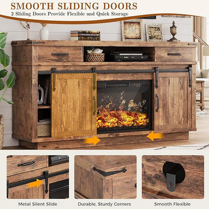 59'' Fireplace TV Stand with 3D Flame Electric Fireplace Heater, 34'' Tall Farmhouse TV Stand for 65 Inch TV, Entertainment Center TV Console with 2 Drawers, Sliding Barn Door for Living Room - Brown