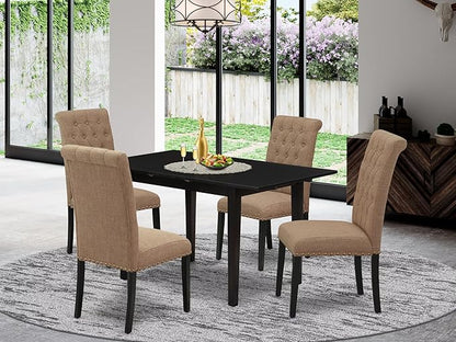 East West Furniture NOBR5-BLK-17 5 Piece Kitchen Set for 4 Includes a Rectangle Dining Room Table with Butterfly Leaf and 4 Light Sable Linen Fabric Parsons Chairs, 32x54 Inch, Black