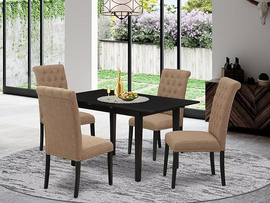 East West Furniture NOBR5-BLK-17 5 Piece Kitchen Set for 4 Includes a Rectangle Dining Room Table with Butterfly Leaf and 4 Light Sable Linen Fabric Parsons Chairs, 32x54 Inch, Black