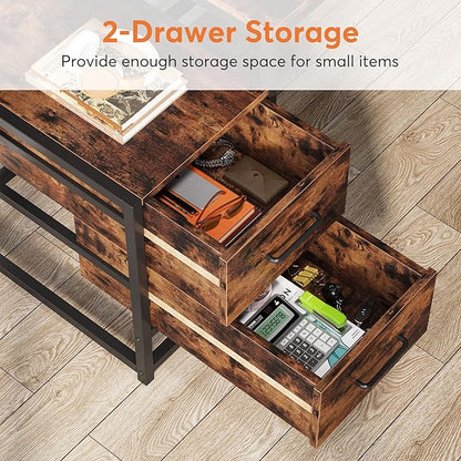 Tribesigns 55 Inch Computer Desk with 2 Drawers and Storage Shelves, Rustic Office Desk with Hutch, Study Writing Gaming Table Laptop Workstation for Home Office (Brown)