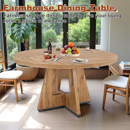 Round Dining Table for 4, 47 Inch Dinner Table Farmhouse Wooden Circle Kitchen Tables with Cross Base for Dining Room, Kitchen, Living Room, Retro Brown