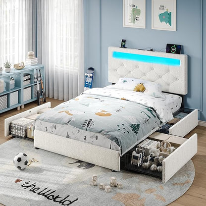 Rolanstar Twin Bed Frame with 4 Storage Drawers and Charging Station,Twin Bed with Led Lights, 2 USB & 1 Type C, Adjustable Headboard 38.9/40.8 Inches, No Box Spring Needed, White
