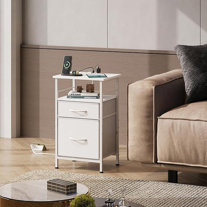 WLIVE Night Stand with Charger Station, White Nightstand with 2 Fabric Drawers, Bedside Table, Small Dresser for Bedroom, Side Table with USB Ports and Outlets