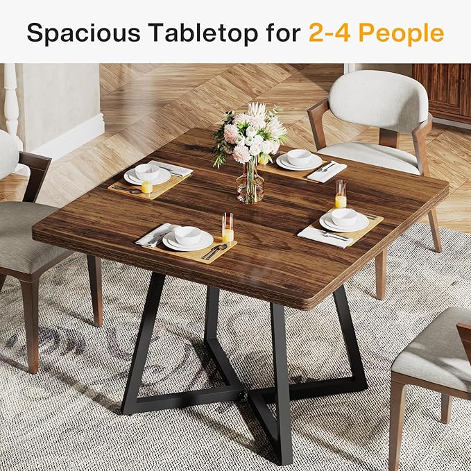 Tribesigns Square Dining Table for 10, 31.5" Industrial Dinner Table with Metal Base, Kitchen Table for Dining Room, Small Space, Apartment, Rustic Brown & Black