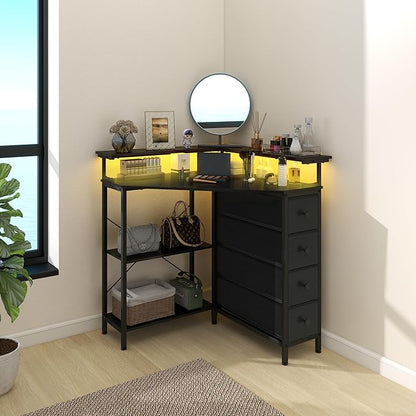 Corner Desk with Drawers Shelves for Small Space 90 Degrees Triangle Computer Desk with Power Outlets,Gaming Desk with LED Lights Monitor Stand for Home Office Workstation Writing Table (Black)